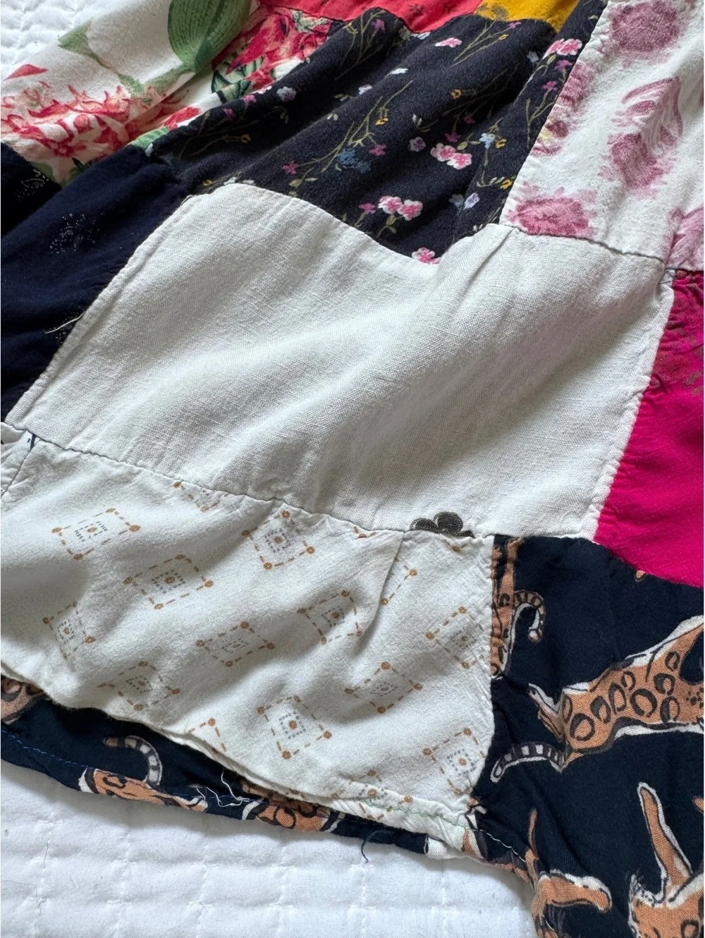 Upcycled DIY Patchwork Midi Skirt - Boho / Festival Style (Fits Small) Has hole